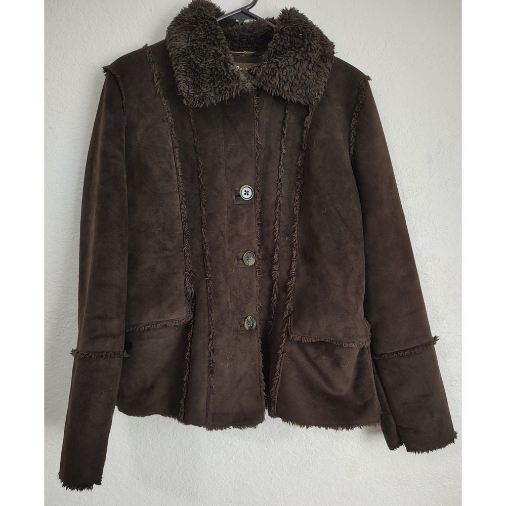 Vintage Big Chill Y2K Brown Faux Suede Sherpa Coat Boho-Chic Jacket - Size M